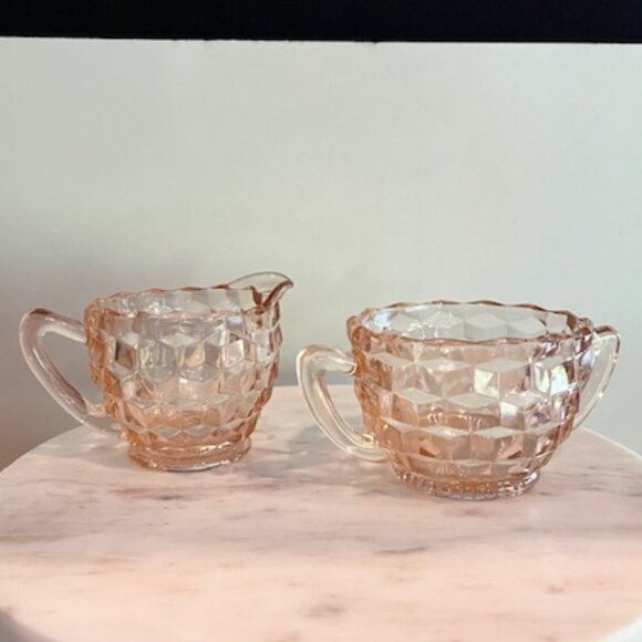 Pink Depression Glass Cubist Jeanette Mid Century MCM Sugar and Creamer - Picture 2 of 10